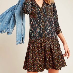 Maeve by Anthropologie Black Floral Drop-Waist Dress Size 12